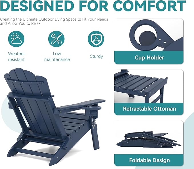 FOOWIN Adjustable Adirondack Chair with Retractable Ottoman Set of 4, Folding Adirondack Chair with Cup Holder, HDPE All-Weather Fire Pit Chair for Patio, Yard, Poolside, Navy Blue
