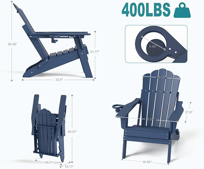 FOOWIN Adjustable Adirondack Chair Set of 2, Folding Adirondack Chair with Cup Holder, HDPE All-Weather Fire Pit Chair with 3 Recline Positions, Suitable for Patio, Backyard, Poolside, Navy Blue
