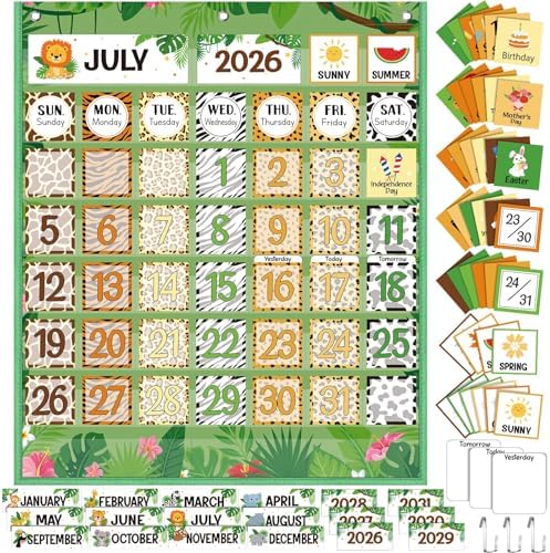 Sinload Classroom Calendar Pocket Chart Green, Jungle