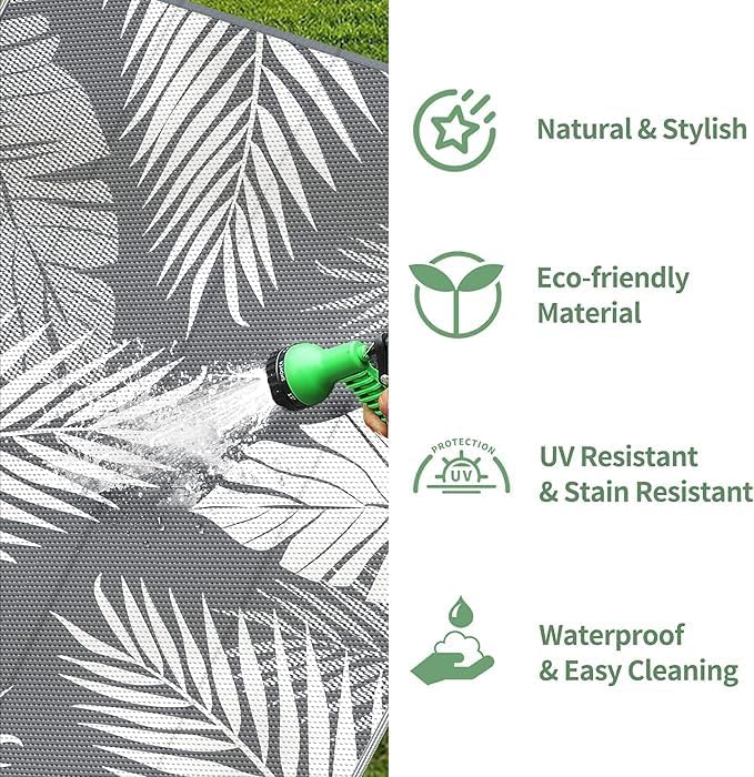 GENIMO 6'x9' Outdoor Rug Waterproof for Patio Decor, Reversible Plastic Straw Rug Carpet, Camping Mats for Outdoor, RV, Backyard, Deck, Balcony, Picnic, Mix Grey & White