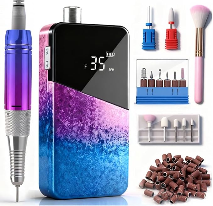 Professional Nail Drill, Lumcrissy 35000RPM Professional Nail File Machine, Rechargeable Efile for Acrylic Gel Nails with Ceramic Drill Bits Set& Sanding Bands for Manicure Salon Home Use