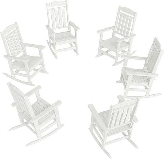 FOOWIN Outdoor Rocking Chair Set of 6, High Back Patio Rocking Chair, HDPE All Weather Resistant Porch Rocker for Adult, Oversized Rocking Chairs for Garden, Lawn, Indoor & Outdoor Use, White