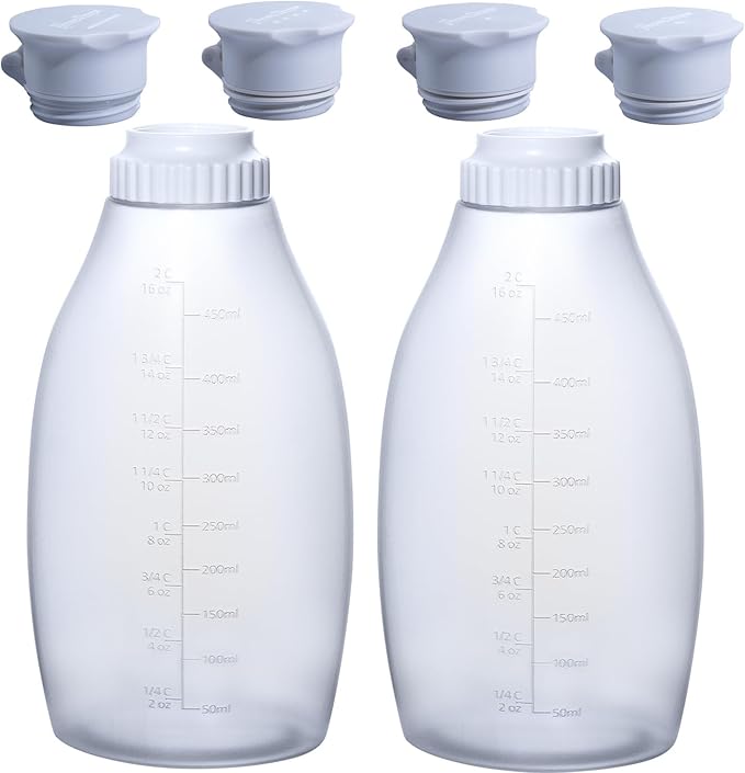 Squeeze Bottle with 4 Unique Cap Adapters – 2 Refillable Sauce Bottles For Condiments and Dressings - Drizzle Mess-Free, Precise Control