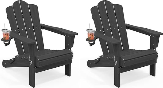 KINGYES Folding Adirondack Chair Set of 2, HDPE All-Weather Patio Chairs with Cup Holder, Wooden Textured Fire Pit Chairs for Poolside, Backyard, Deck, Grey