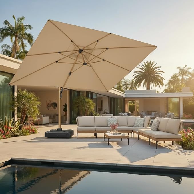 PURPLE LEAF 10' x 13' Rectangle Patio Cantilever Umbrella With Furniture Sofa Sets Large Hanging Umbrella Teak Finished Aluminum Frame Windproof Offset Outdoor Sun Umbrellas for Beach Pool Deck, Beige