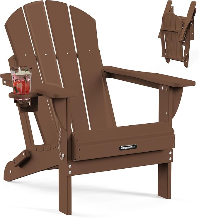 MUCHENGHY Folding Adirondack Chairs, Patio Chairs, Lawn Chairs, Outdoor Chair, Adirondack Chair Plastic, Fire Pit, Weather Resistant with Cup Holder for Deck, Backyard, Garden(Brown)