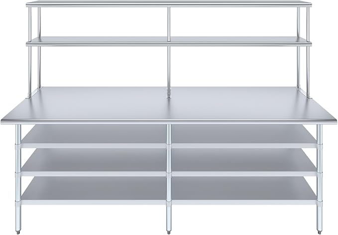 Amgood 30" x 96" Stainless Steel Work Table with 3 Shelves and 12" Wide Double Tier Overshelf | Metal Kitchen Prep Table & Shelving Combo | NSF