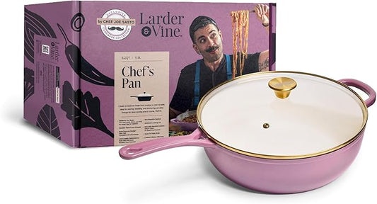 Chef Joe Sasto Chef’s Pan with Tempered Glass Lid, Deep Saute Pan, Enameled Cast Iron, Professional Cookware for Searing, Sautéing & Braising, Induction Compatible, Oven Safe, Dishwasher Safe