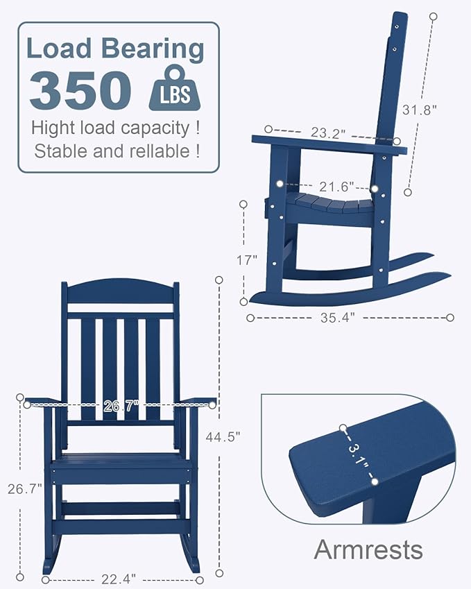 Outdoor Rocking Chairs Set of 4, Oversized High Back Patio Rocking Chairs, All Weather Porch Rocking Chairs for Outside. Navy Blue