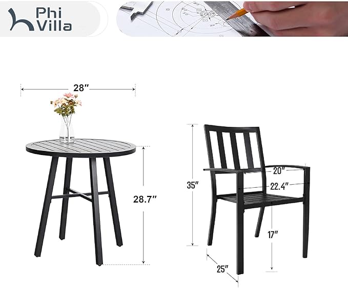 PHI VILLA 3 Piece Outdoor Patio Bistro Dining Set, Slatted Metal Round Table & 2 Patio Chairs, Outdoor Furniture Set for Porch, Deck