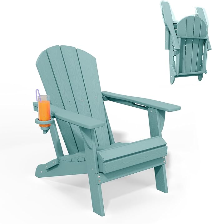 Folding Adirondack Chairs with Cup Holders, Set of 6 HDPE Plastic Outdoor Chairs, Weather Resistant, Real Wood Look, Heavy-Duty Patio Furniture for Deck, Fire Pit, Backyard, Aruba Blue