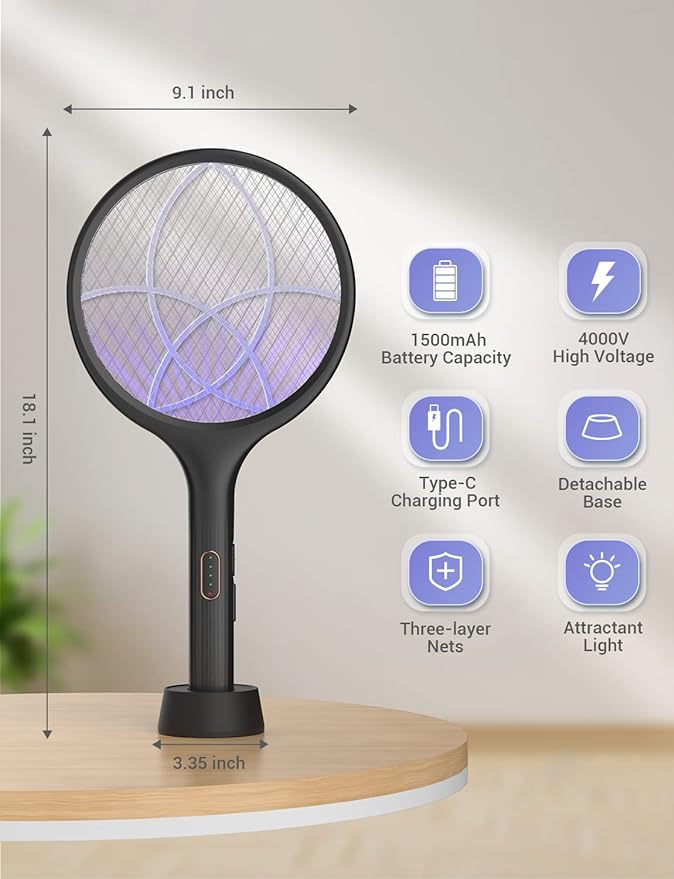 YISSVIC Electric Fly Swatter 4000V Bug Zapper Racket Dual Modes Mosquito Killer with Purple Mosquito Light Rechargeable for Indoor Home Office Backyard Patio Camping (Black-2 Pack)