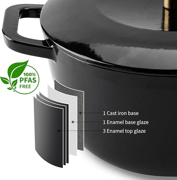 Enamel Cast Iron Dutch Oven with Lid,Dual Handles,Heavy-Duty Cookware for Sourdough Bread Baking,Braising,Stews,Roasting,Oven Safe up to 500° F,7QT,black
