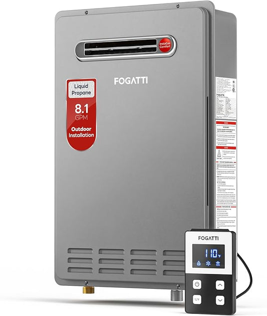 FOGATTI Propane Gas Tankless Water Heater Outdoor - Max 8.1 GPM 180,000 BTU, CSA Certified Compact Design On Demand Instant Hot Water Heater - Instagas Comfort 180S Series