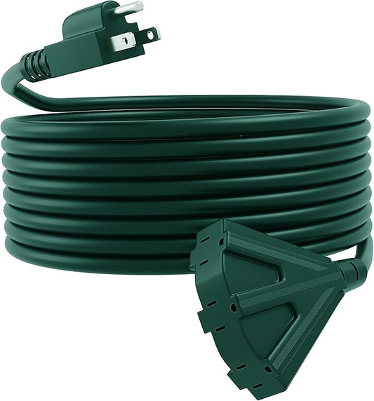 50FT Outdoor Extension Cord, 16/3 SJTW Tri-Tap Power Cable, Weatherproof, Heavy Duty Extension Cord for Holiday Decoration and Landscaping Lights,Green