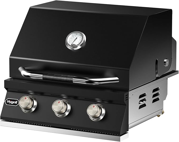 Hygrill Heavy Duty 3-Burner Built In Grill for Liquid Propane, Stainless Steel Outdoor Kitchen Grill Head, Black