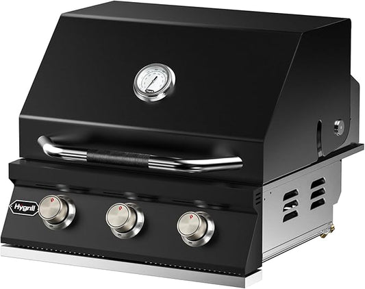 Hygrill Heavy Duty 3-Burner Built In Grill for Liquid Propane, Stainless Steel Outdoor Kitchen Grill Head, Black