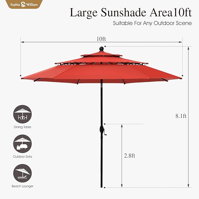 Sophia & William 10ft 3 Tier Auto-tilt Patio Umbrella, Outdoor Double Vented Umbrella with Crank, Orange Red
