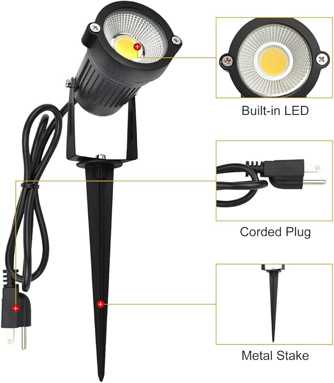 GSS6005 LED Landscape Spotlights Outdoor Plug in Light 5W, 120V AC, 3000K Warm, Metal Construction with Ground Stake, Outdoor and Indoor Use, 3-ft Cord with Plug, Black (Pack of 2)