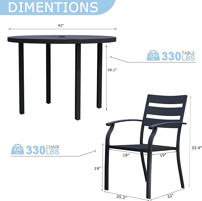5 Piece Outdoor Dining Set, Patio Dining Set for 4, 42" Black Round Table with 4 Black Metal Outdoor Dining Chairs for Lawn, Garden, or Porch