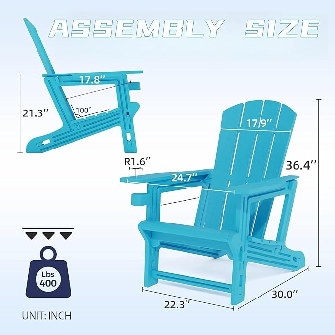 Adirondack Chair Set of 2, All Weather Plastic Adirondack Chairs, Fire Pit Chairs with Cup Holder, Outdoor Wooden Textured Lawn Chair for Patio, Garden, Backyard, Sky Blue