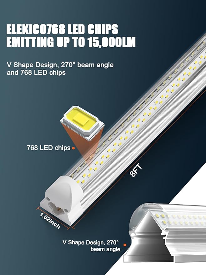 6 Pack 100w 8ft Led Shop Light, Super Bright 15000lm 5000k V Shape 8' Led Shop Lights, Linkable 8 Foot Led Shop Lights for Garage Warehouse, Supermarket, Basement, Barn, Storage Area