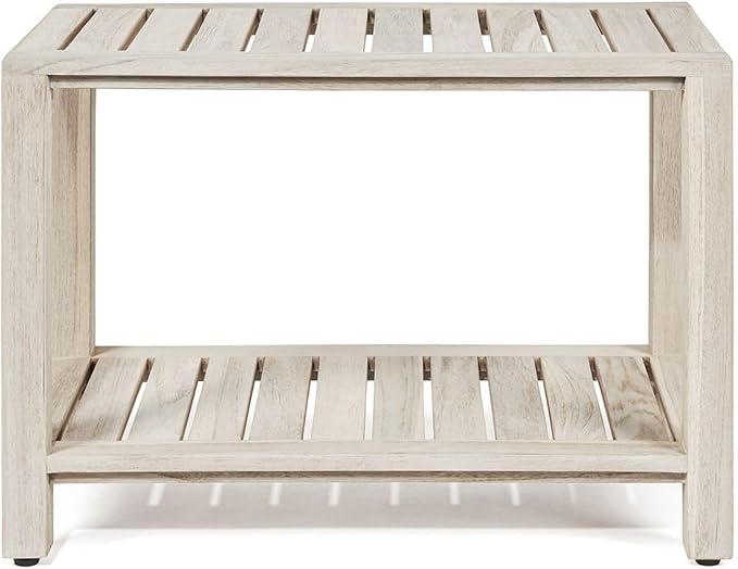 TeakCraft Gray Teak Shower Bench with Shelf 24 Inch for Bathroom, Spa - Fully Assembled, Shower Stool, Rustic Gray Finish, The Luni