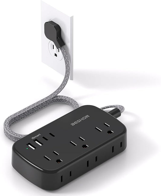 Extension Cord 20 Ft, BESHON Flat Plug Power Strip with 6 Outlets with 4 USB Ports(2 USB C), No Surge Protector for Home Office College Dorm Room Travel Essentials, Black