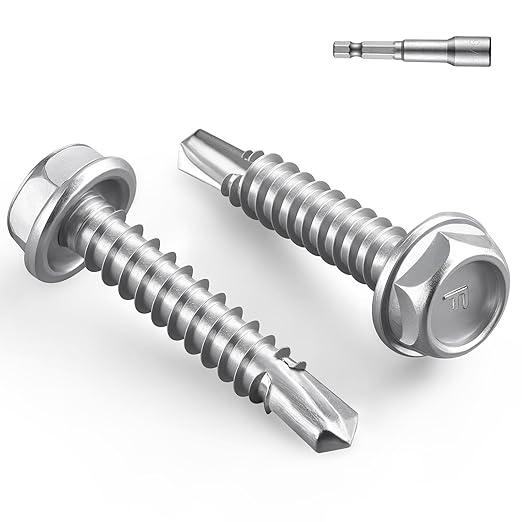 #10 x 1 Inch Self Drilling Screws, 112pcs 1 lbs Self Tapping Screws for Metal, 410 Stainless Steel Hex Washer Head Sheet Metal Screw