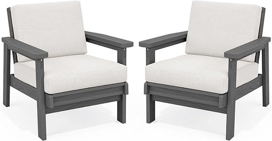 SERWALL HDPE Outdoor Couch Set of 2, All-Weather Wood-Like Outdoor Patio Furniture Set, Outdoor Sofa Chairs with Khaki Cushions