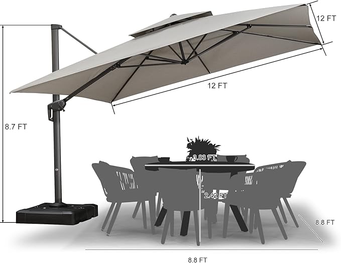 PURPLE LEAF 12 FT Cantilever Umbrella Outdoor Patio Umbrella, Large Offset Square Umbrella, Windproof Heavy Duty Hanging Outside Umbrellas for Patio, Pebble Grey