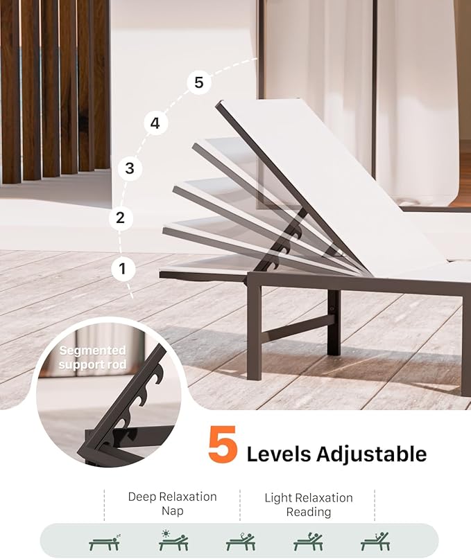 Chaise Lounge Chair Outdoor,Aluminum Patio Lounge Chairs Set of 2,Pool Lounge Chairs with 5 Adjustable Backrest and Headrest Pillows for Outside Beach，White