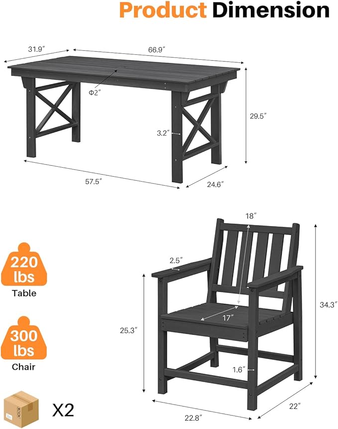 5-Piece HDPE Patio Dining Set, Outdoor Table and Chairs with Umbrella Hole, Modern Outdoor Dining Set for 4, HDPE Outdoor Patio Furniture Dining Sets for Deck, Poolside, Porch, Obsidian