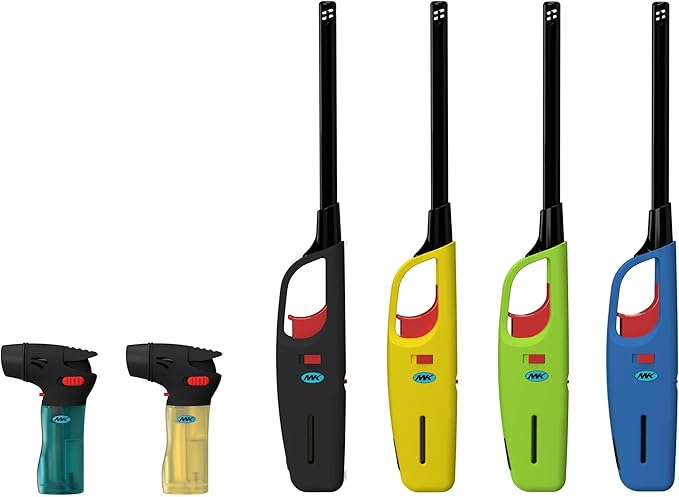 MK Lighter 6-Pack Multi-Purpose Butane Lighters – 4 Soft Flame Utility + 2 Mini Torch, Assorted Colors for Candles, Camping & Outdoor Use (Random Color Combo)
