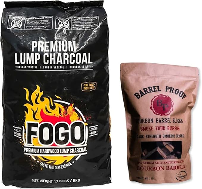 FOGO Premium Hardwood Lump Charcoal, Natural Medium and Small Sized Lump Charcoal 17.6 Pound Bag and FOGO Barrel Proof Bourbon Barrel Blocks, 2 Pound Resealable Bag, Bundle