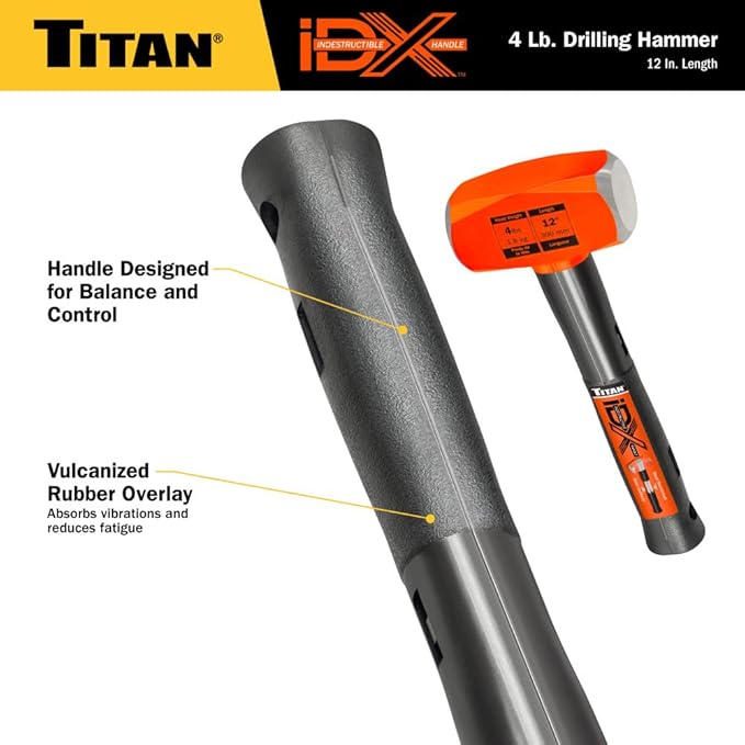Titan iDX 63614 4lb Drilling Hammer, Sledgehammer with 12" Indestructible Handle Reinforced with Steel Locking Plates & Steel Bars, Vulcanized Rubber Grip, Overstrike Protection