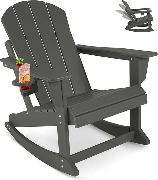 Outdoor Rocking Chair, HDPE Poly All-Weather Patio Rocking Chairs with Cup Holder for Adults, Porch Rocker for Deck Patio Balcony, 440lbs, Black