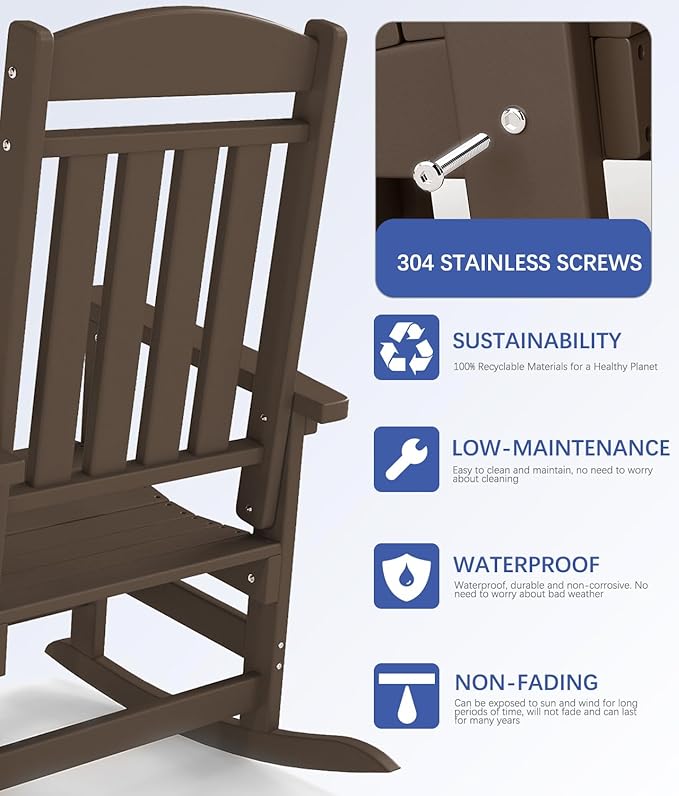 FOOWIN Outdoor Rocking Chair, High Back Patio Rocking Chair, HDPE All Weather Resistant Porch Rocker for Adult, Oversized Rocking Chairs for Garden, Lawn, Indoor & Outdoor Use, Coffee
