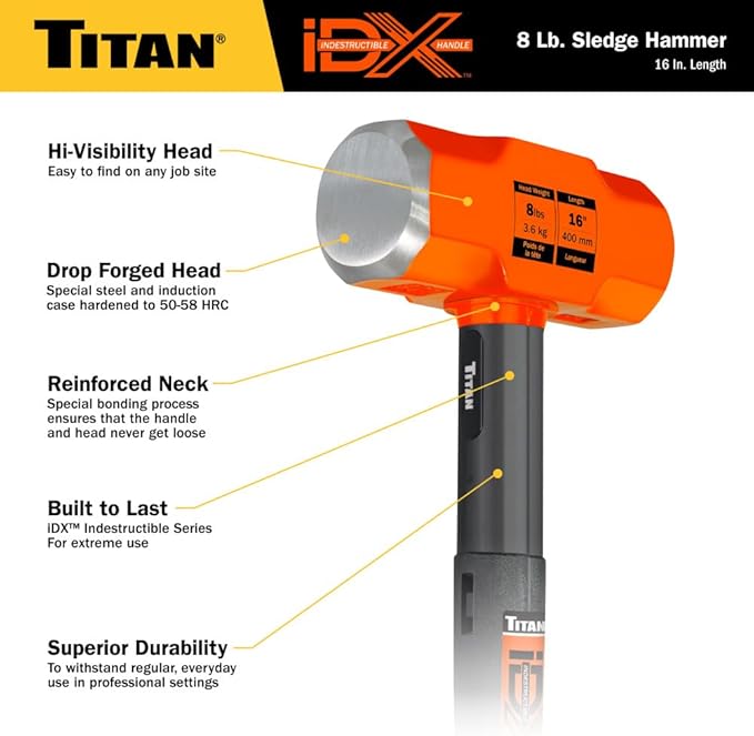 Titan iDX 63618 8lb Sledge Hammer with 16" Indestructible Handle Reinforced with Steel Locking Plates & Steel Bars, Vulcanized Rubber Grip, Oevrstrike Protection