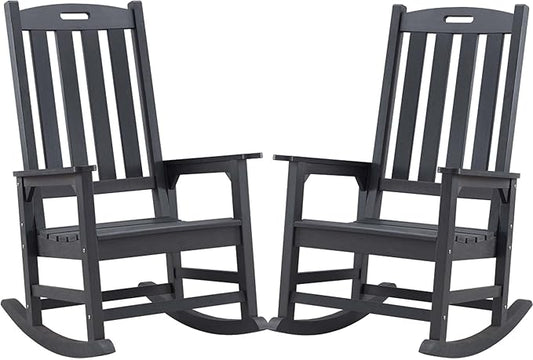 Psilvam Oversized Outdoor Rocking Chair Set of 2, Porch Rocker with 21" Wide Seat and 32" Tall Backrest, Pre-Assembled with Most Components for Effortless Installation (Carbon Black)