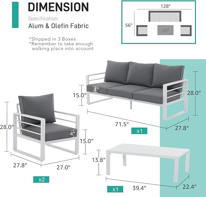 Patiorama Aluminum Patio Furniture Set, 4 PCS Modern Patio Conversation Set, All Weather White Outdoor Sectional Sofa Set w/Coffee Table, 3-Seater Sofa, Superior Olefin Cushion, Garden-Grey Cushion