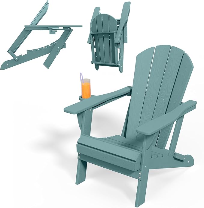 Folding Adirondack Chairs with Cup Holders, Set of 6 HDPE Plastic Outdoor Chairs, Weather Resistant, Real Wood Look, Heavy-Duty Patio Furniture for Deck, Fire Pit, Backyard, Aruba Blue