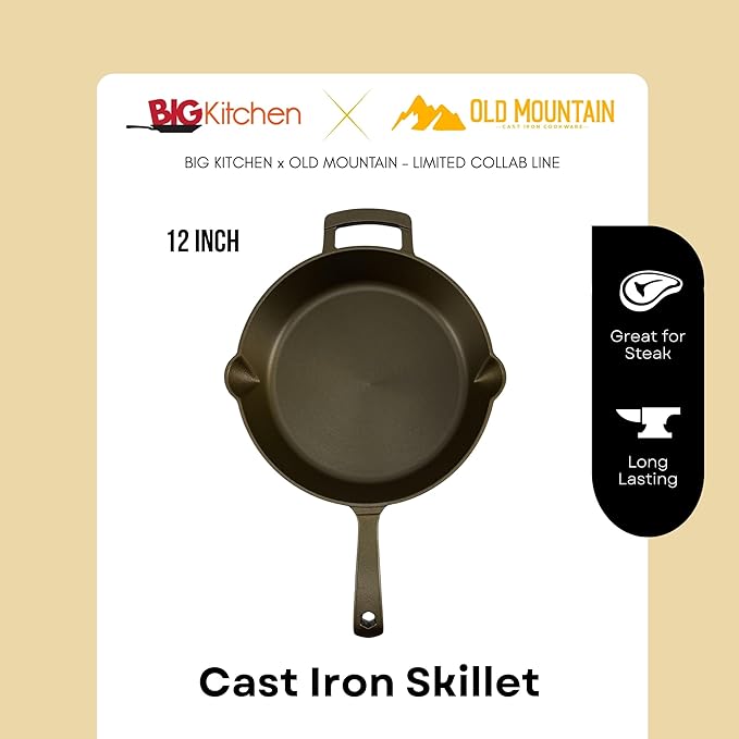 Big Kitchen x Old Mountain Exclusive Pre-Seasoned Cast Iron Skillet Smooth Polished Cooking Surface Frying Pan Nonstick Oven Safe Grill & Stovetop Friendly Cookware (12)