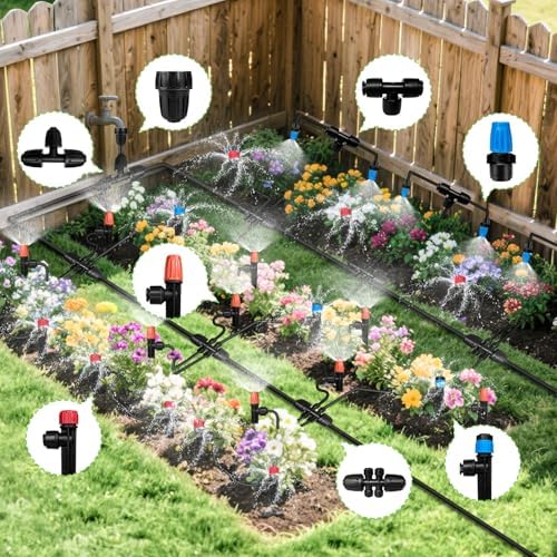 250FT Drip Irrigation System for Garden with 40 Nozzles & Emitters, Garden Watering System with 1/2" & 1/4" Tube and Barbed Fittings - Adjustable Sprinklers Kit for Greenhouse, Lawn, Raised Bed
