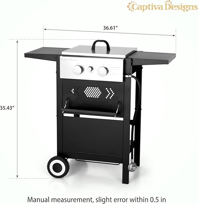 Captiva Designs 2-Burner Propane Gas BBQ Grill with Cast Iron Griddle Pan, 20,000 BTU Output Small Barbecue Grill for Outdoor, Patio, Backyard and Balcony