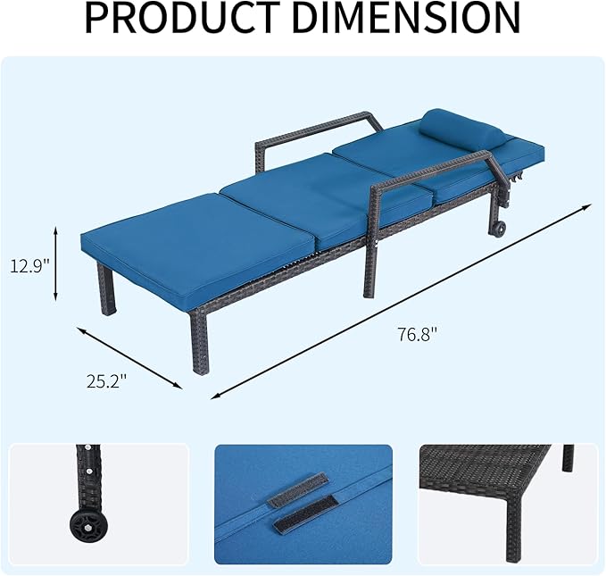 Patio Chaise Lounge – Adjustable Outdoor Lounge Chairs with Cushions & Headrest – All-Weather Rattan Reclining Lounge Chairs for Poolside, Garden, and Patio (1 Pc, Light Blue)