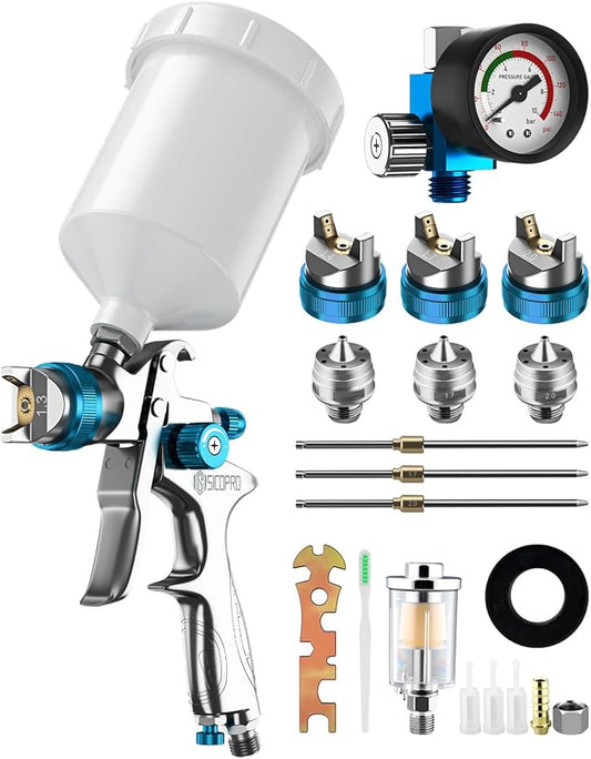 HVLP Paint Sprayer Gun, Air Paint Sprayer for House Painting, Cars, Paint Guns Automotive, 1.4/1.7/2.0mm 15 Nozzle Holes, Air Regulator