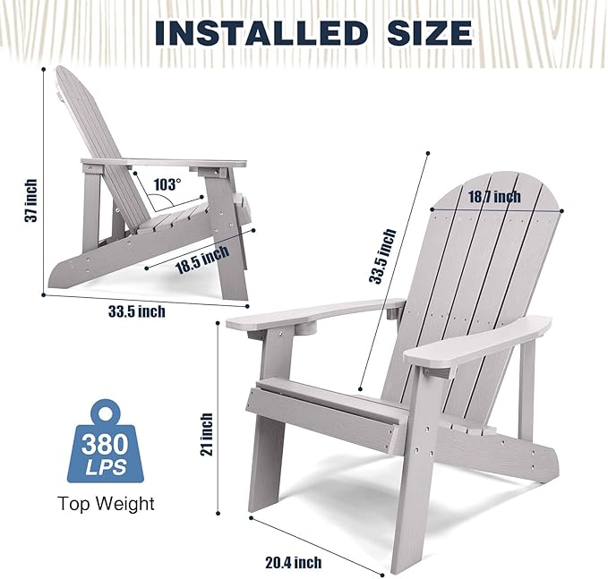 Adirondack Chairs Set of 2, All Weather Resistant Plastic Chairs with Cup Holder, 5 Easy Steps to Install, Outdoor Chairs for Patio, Garden, Backyard Deck, Lawn, Fire Pit - Grey