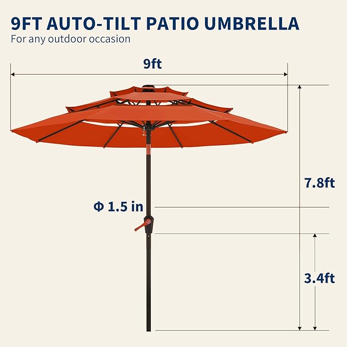 9FT 3 Tiers Patio Umbrella With Auto Tilt and Crank, Outdoor Table Market Umbrella with 8 Sturdy Ribs for Garden,Lawn,Deck,Backyard and Pool,Orange