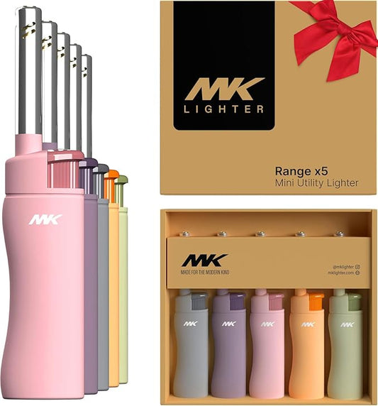 MK Candle Lighter, Butane Refillable Wind-Resistant Flame, 5-Pack for BBQ, Camping, Outdoor Use (Pastel-5pc)